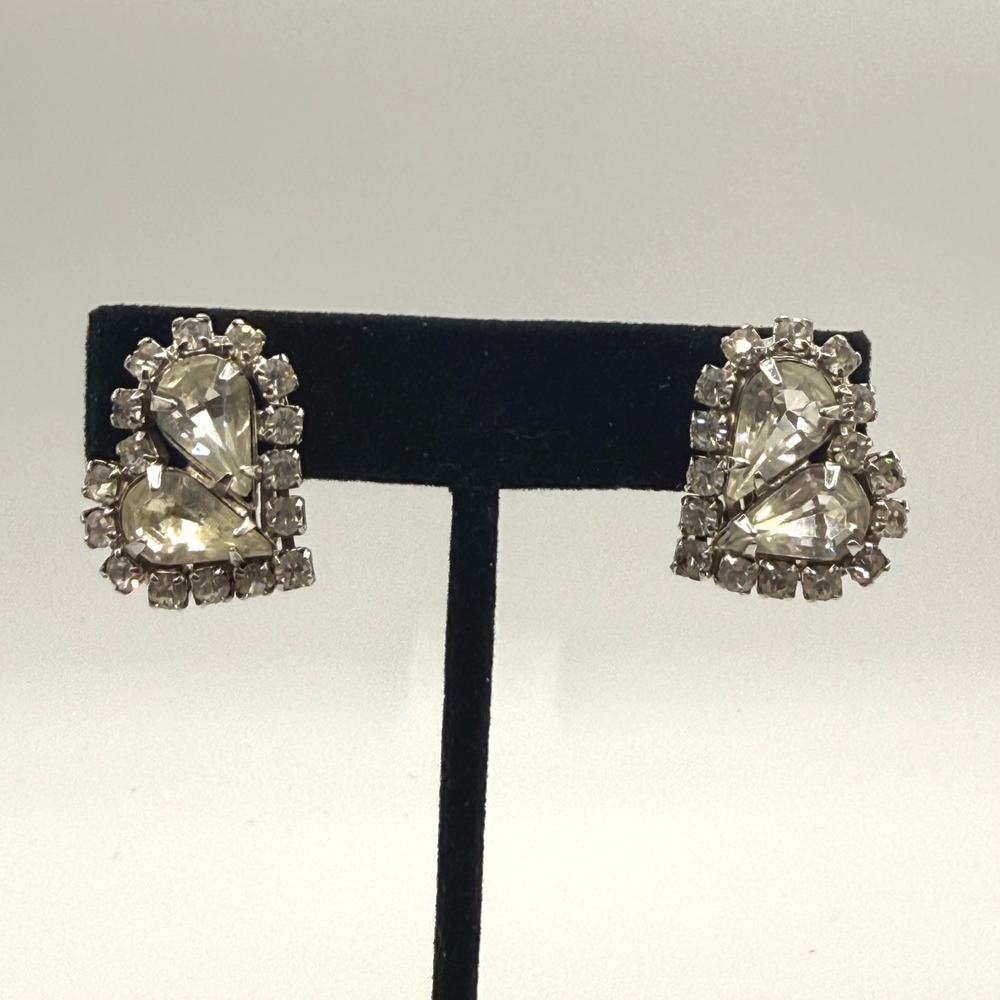 Vintage Silver Tone Clear Rhinestone Heart Clip On Earrings Pear Cut